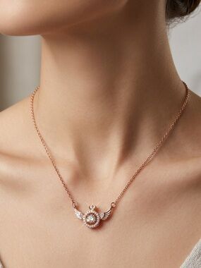 Rose Gold Angel Wing Heart Necklace | CZ Beating Heart Pendant